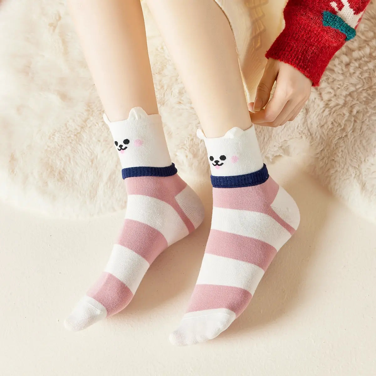 Chaussettes hautes à rayures, motif animal, oreilles et écharpe en relief, blanche et rose