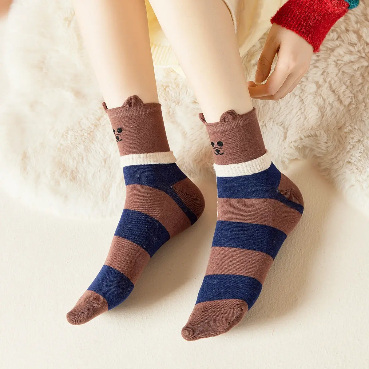 Chaussettes hautes à rayures, motif animal, oreilles et écharpe en relief, marron et bleu marine