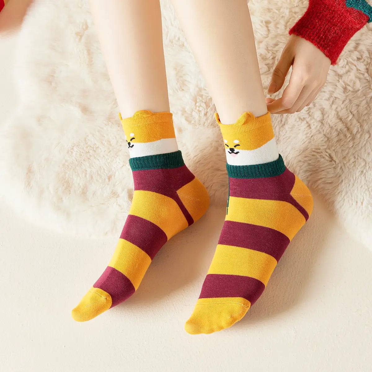 Chaussettes hautes à rayures, motif animal, oreilles et écharpe en relief, orange et rouge bordeaux