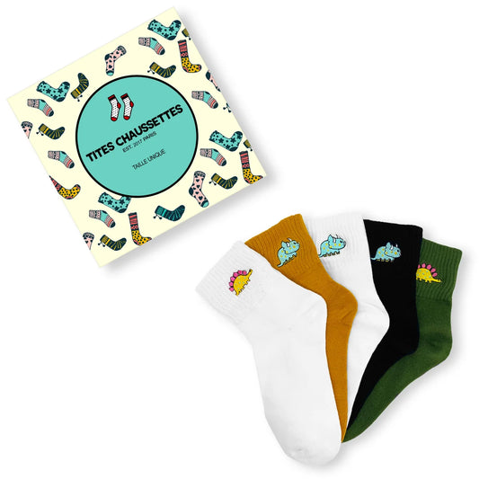 Lot de chaussettes en coton motif dinosaure stégosaure et tricératops, coloris blanc noir vert jaune