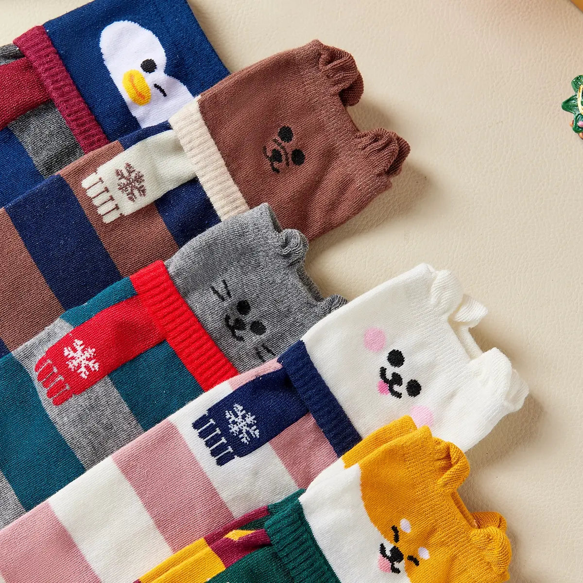 Lot de chaussettes hautes à rayures, motif animal, oreilles et écharpe en relief