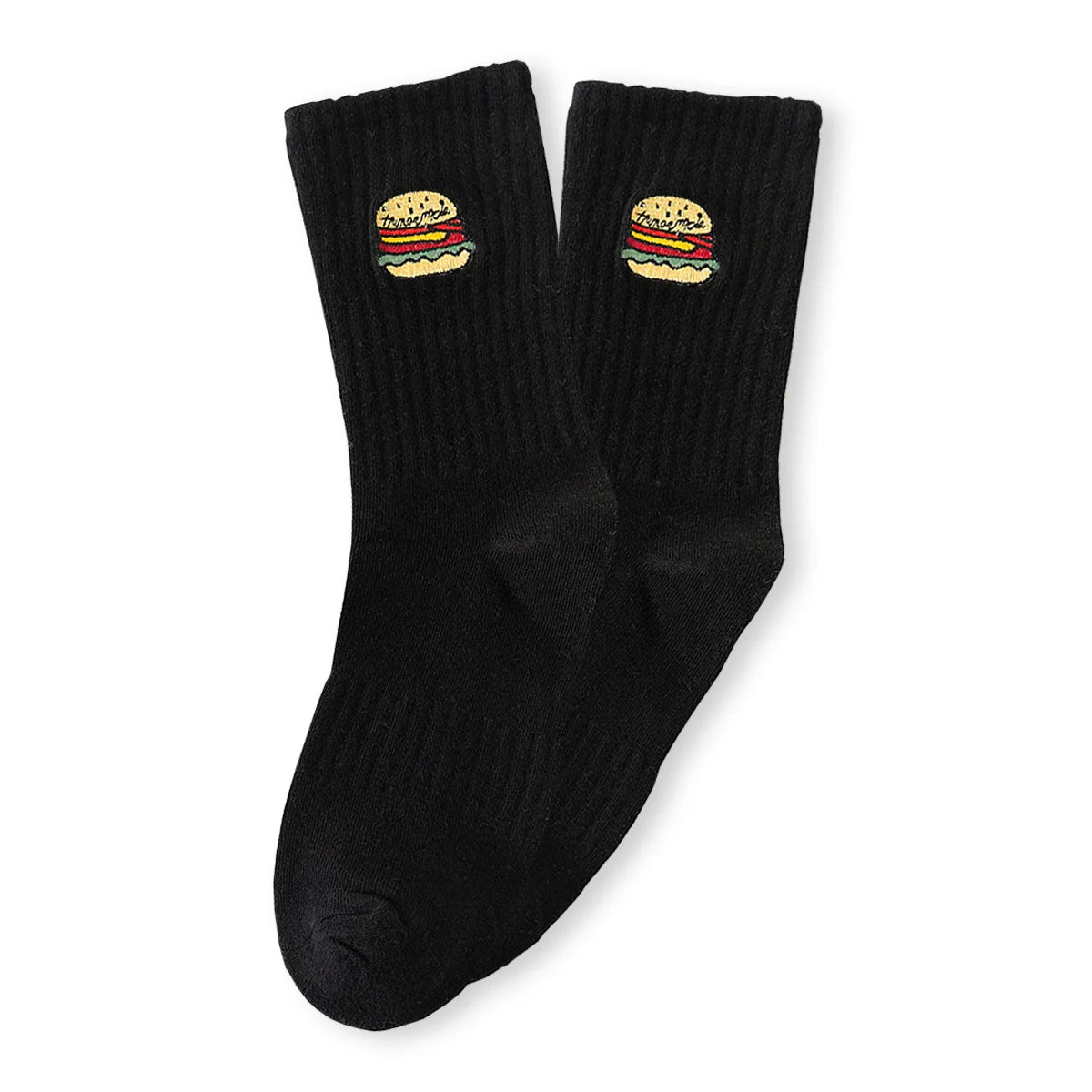 Chaussettes noir adultes en coton avec un burger brodé | Chaussettes abordables et de haute qualité | Un excellent choix pour les adultes qui aiment la nourriture et les burgers |