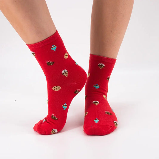 Chaussettes rouge en coton à motif food pour adultes | Chaussettes douces et confortables | Disponibles en différentes couleurs et motifs | Un cadeau idéal pour les femmes et les hommes de tous âges