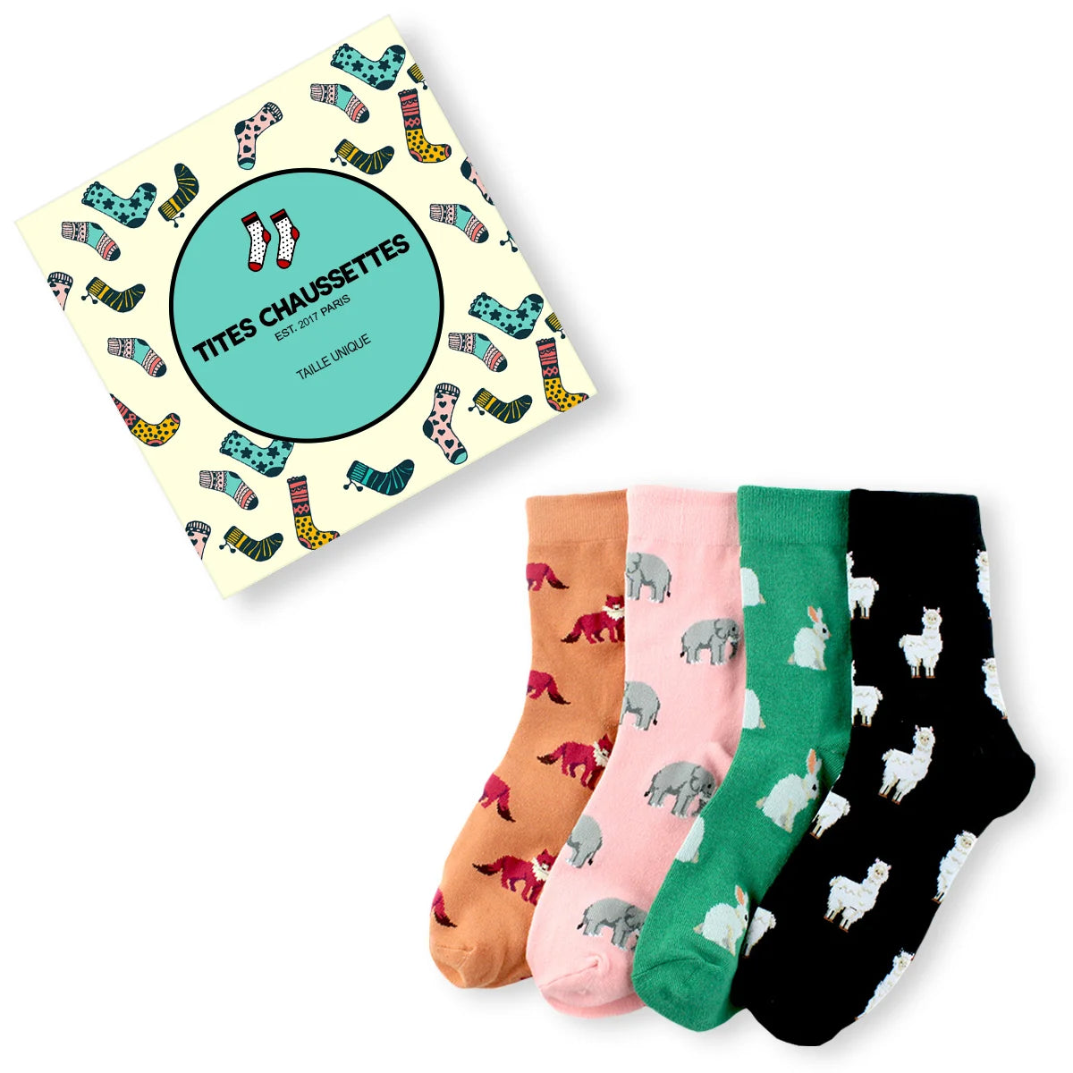 Lot de chaussettes longues en coton avec pleins d'animaux brodés dessus | Chaussettes confortables et élégantes | Idéales pour tous | Disponibles en plusieurs couleurs