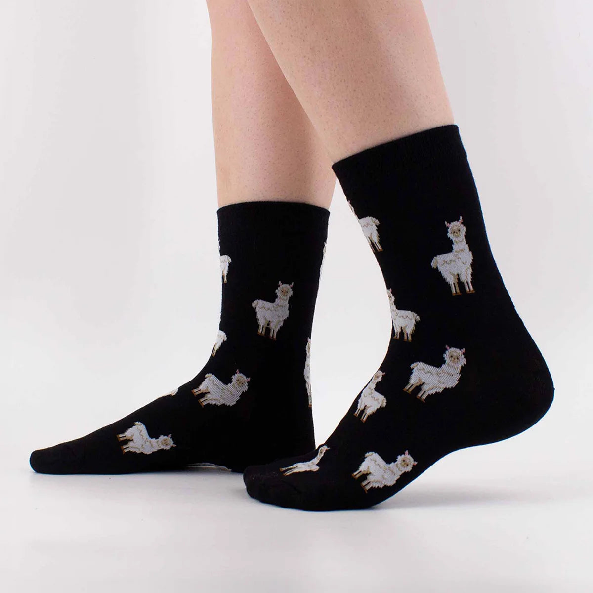 Chaussettes noir longues en coton avec pleins de petits lama tricotés | Chaussettes confortables et élégantes | Idéales pour tous | Disponibles en plusieurs couleurs