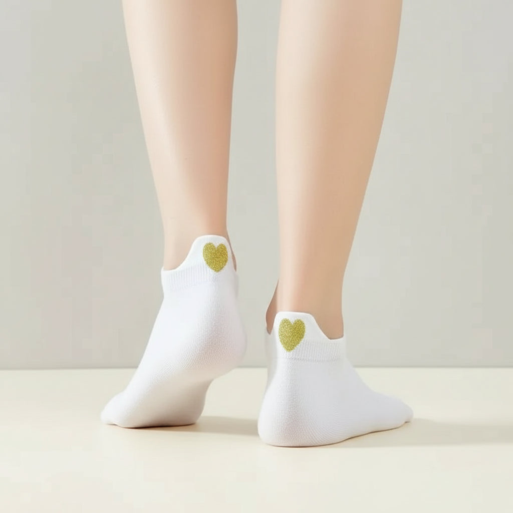 Chaussettes blanche en coton à languette cœur doré pour femme 
