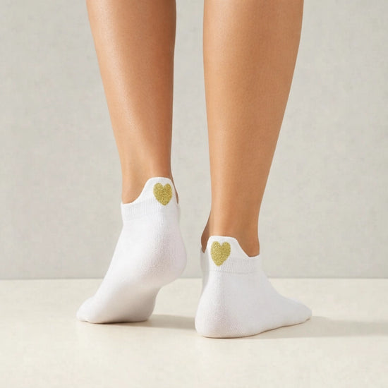 Chaussettes blanche en coton à languette cœur doré pour femme 