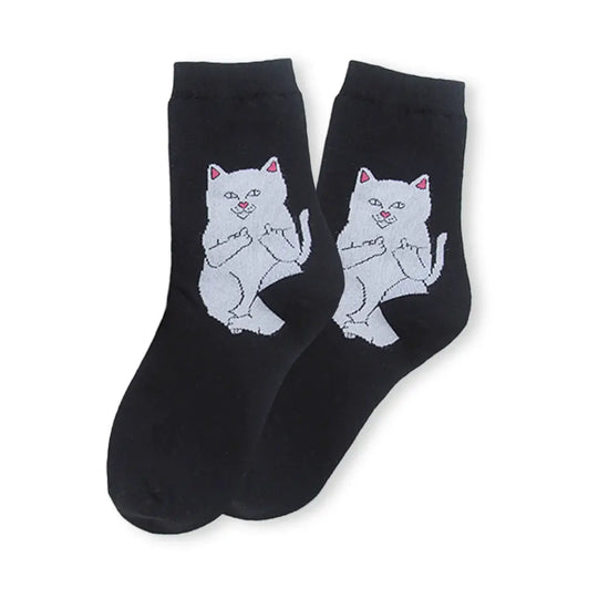 Chaussettes noires adultes en coton avec un chat rebelle | Chaussettes douces et respirantes | Un excellent choix pour les adultes qui aiment les chats et le style rebelle |
