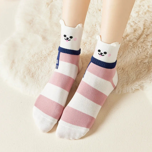 Chaussettes hautes à rayures, motif animal, oreilles et écharpe en relief, blanche et rose