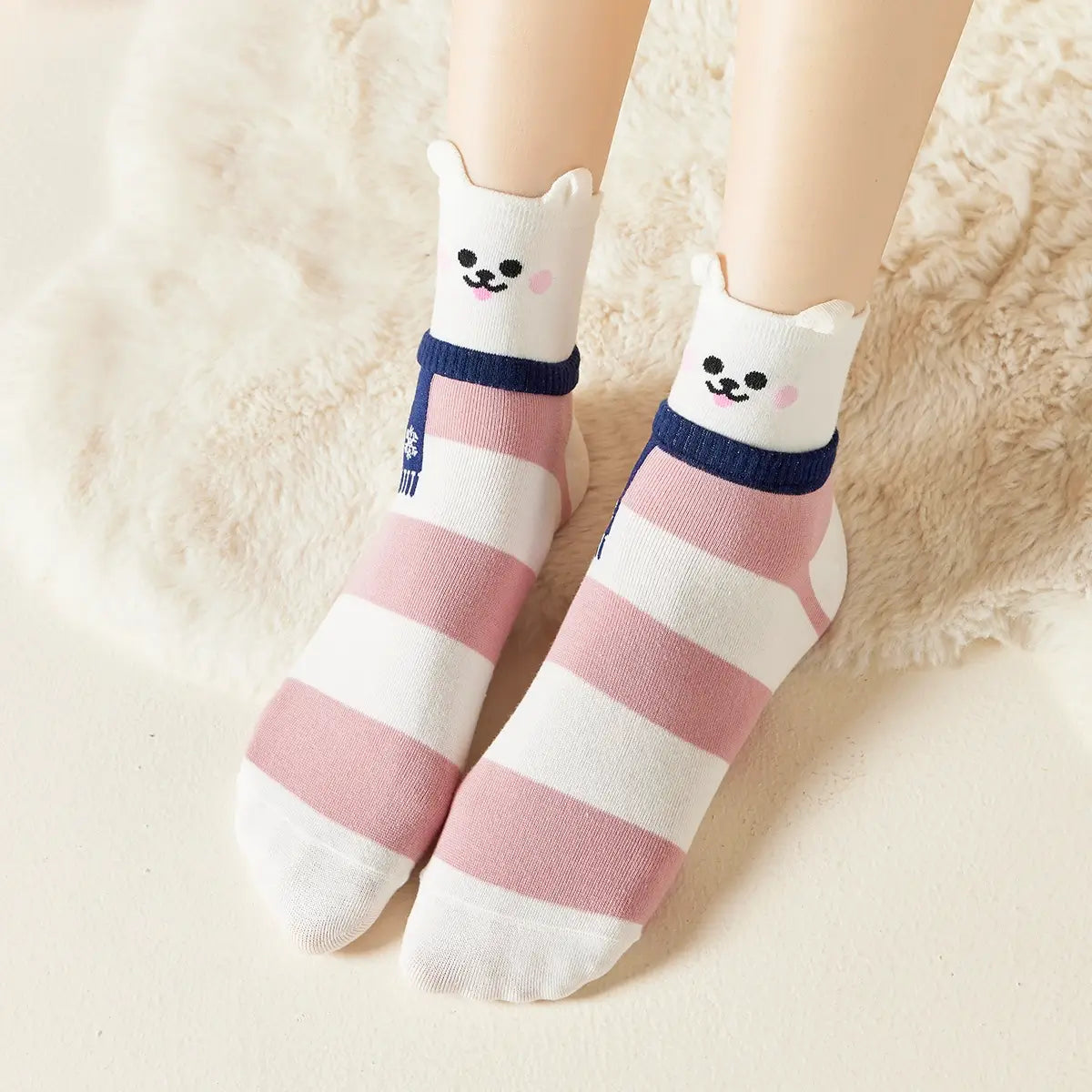 Chaussettes hautes à rayures, motif animal, oreilles et écharpe en relief, blanche et rose