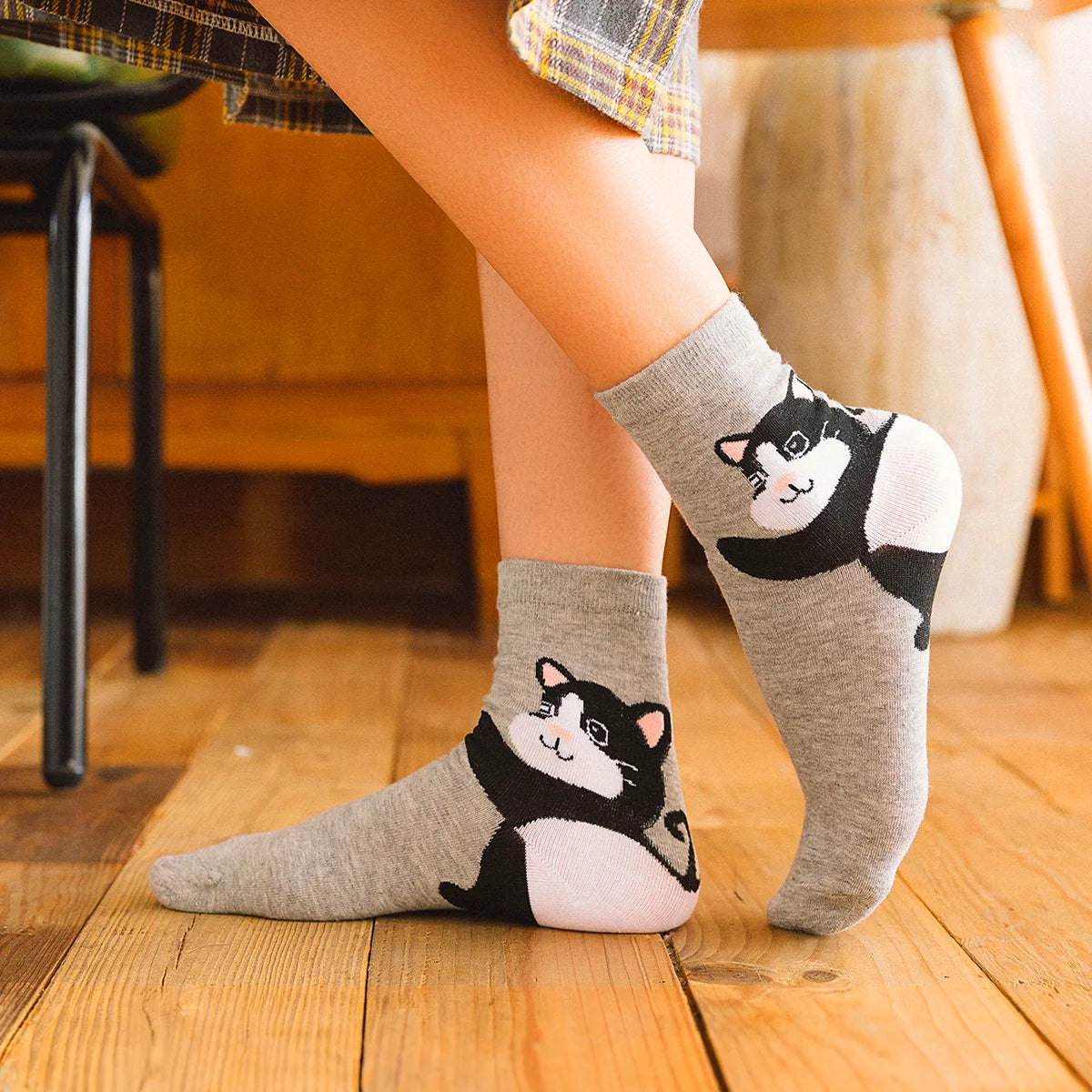 Chaussettes Hautes Animaux Talons coloris gris motif chat