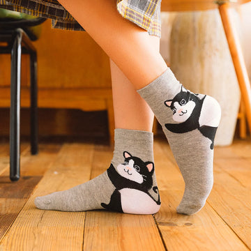 Chaussettes Hautes Animaux Talons coloris gris motif chat
