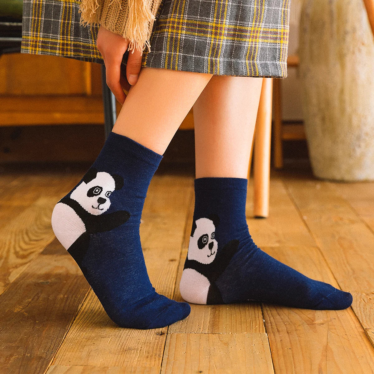 Chaussettes Hautes Animaux Talons coloris bleu marine motif panda