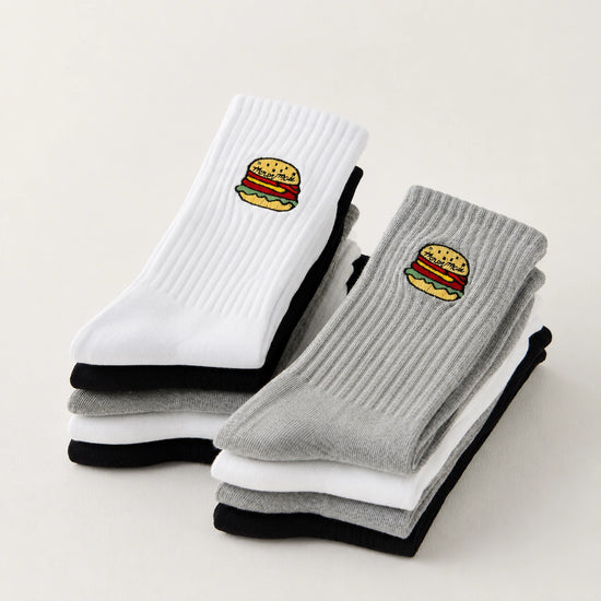 Lot de chaussettes adultes en coton avec un burger brodé | Chaussettes abordables et de haute qualité | Un excellent choix pour les adultes qui aiment la nourriture et les burgers |