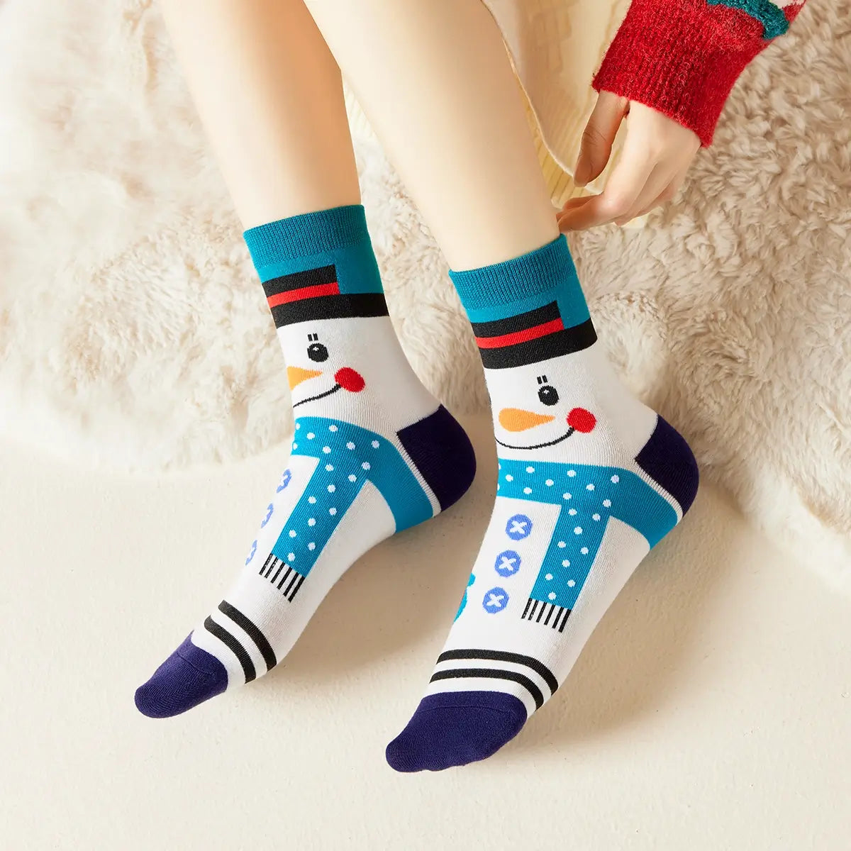 Chaussettes de Noël motif bonhomme de neige avec écharpe coloris bleu blanc  