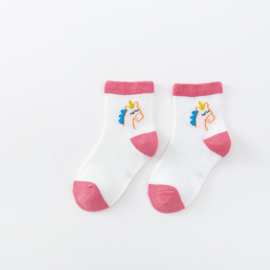 Chaussettes montantes, fond blanc, motif licornes. Pour bébé et enfant (du 12 mois au 12 ans).