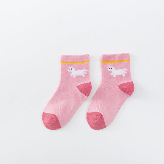 Chaussettes montantes, fond rose, motif  licornes. Pour bébé et enfant (du 12 mois au 12 ans).