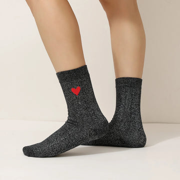 Chaussettes hautes noir fil lurex argenté, coeur brodé mauve, jaune ou rouge 
