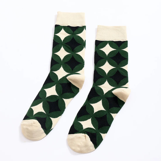 Chaussettes hautes pour homme. Motif rosace vert, noir et blanc. 