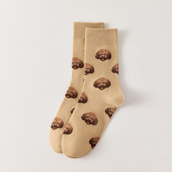 Chaussettes montantes I Motif têtes de chiens I Coloris Rose ou Beige