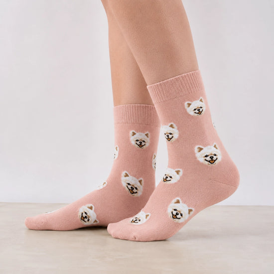 Chaussettes montantes I Motif têtes de chiens I Coloris Rose ou Beige