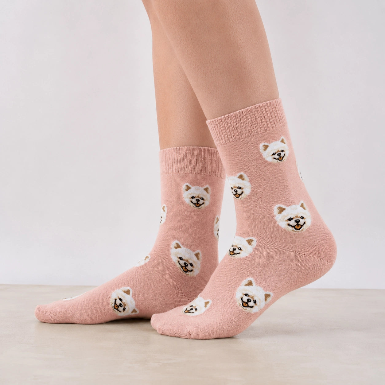 Chaussettes montantes I Motif têtes de chiens I Coloris Rose ou Beige