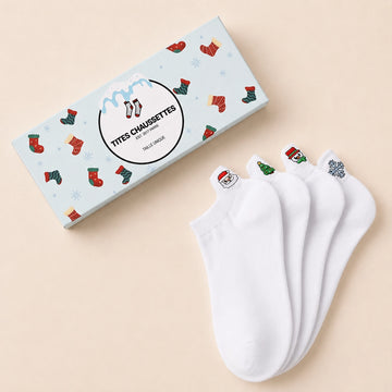 Coffret de 4 chaussettes blanches motif de noël, languette brodée : Père Noël, bonhomme de neige, flocon, sapin 