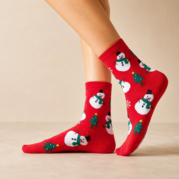 Chaussette haute motifs Noël rouge, bonhomme de neige