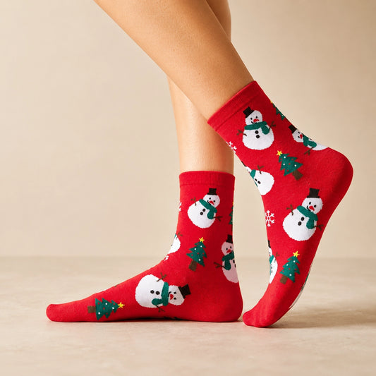 Chaussettes hautes, motifs bonhomme de neige. Coloris rouge festifs. Douces et Chaudes. Également vendues en lot de 4. Idéales pour offrir. 