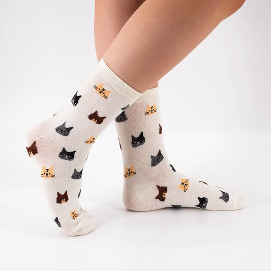 Chaussettes montantes, motif petites têtes de chats