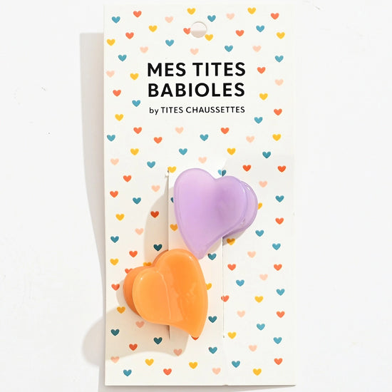 Lot de 2 petites pinces à cheveux en forme de coeur I Coloris orange et mauve I Matière acrylique 