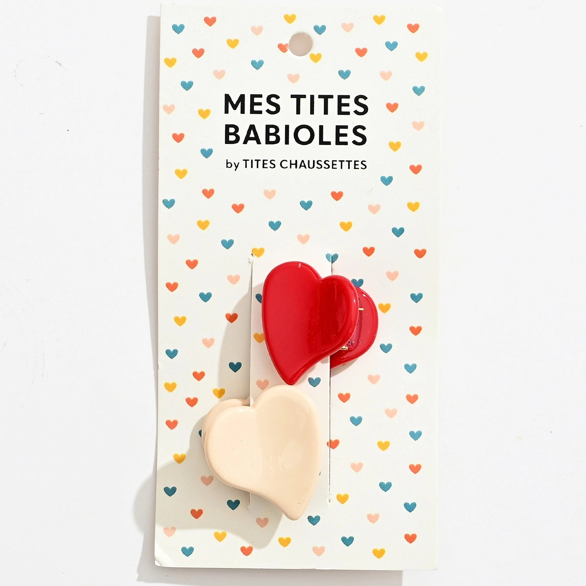 Lot de 2 petites pinces à cheveux en forme de coeur I Coloris rouge et beige I Matière acrylique 