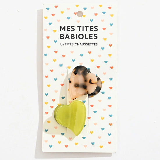 Lot de 2 petites pinces à cheveux en forme de coeur I Coloris vert pomme et marron écaille I Matière acrylique 