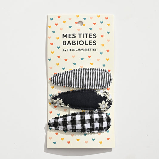 Lot de 3 barrettes (noir blanc et gris) avec pince clic clac. Accessoires cheveux pratiques et élégants, adaptés aux adultes et aux enfants.