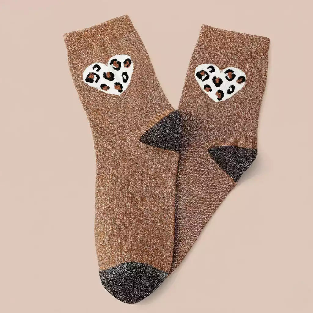 Lot de 3 chaussettes lurex, pointe et talon contrastés, coeur imprimé léopard sur le côté. 