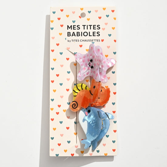 Lot de 3 pinces animaux marins, taille environ 3 cm. Accessoires cheveux fantaisie adaptés aux adultes et aux enfants, légers et pratiques.