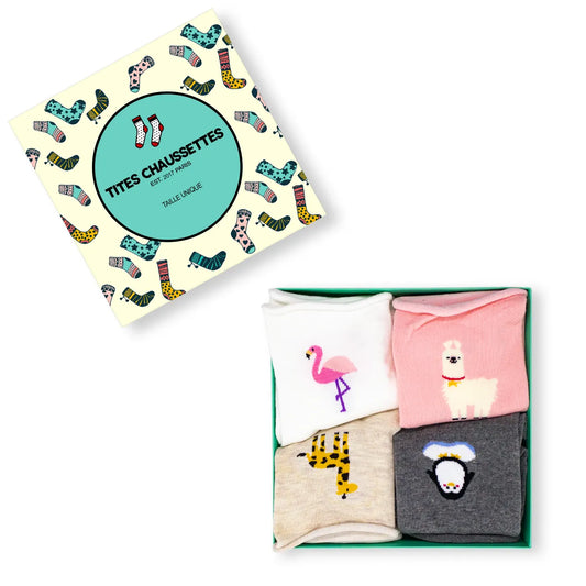 Lot Chaussettes en coton avec des animaux : flamant rose, lama, girafe, pingouin | Chaussettes abordables et durables | Une excellente option pour les cadeaux