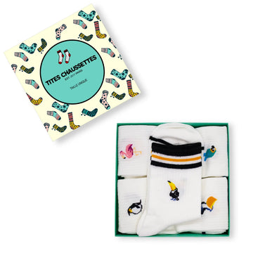 Lot de chaussettes blanches en coton rayées avec des animaux exotiques tissés | Chaussettes confortables et élégantes | Idéales pour tous | Disponibles en plusieurs couleurs