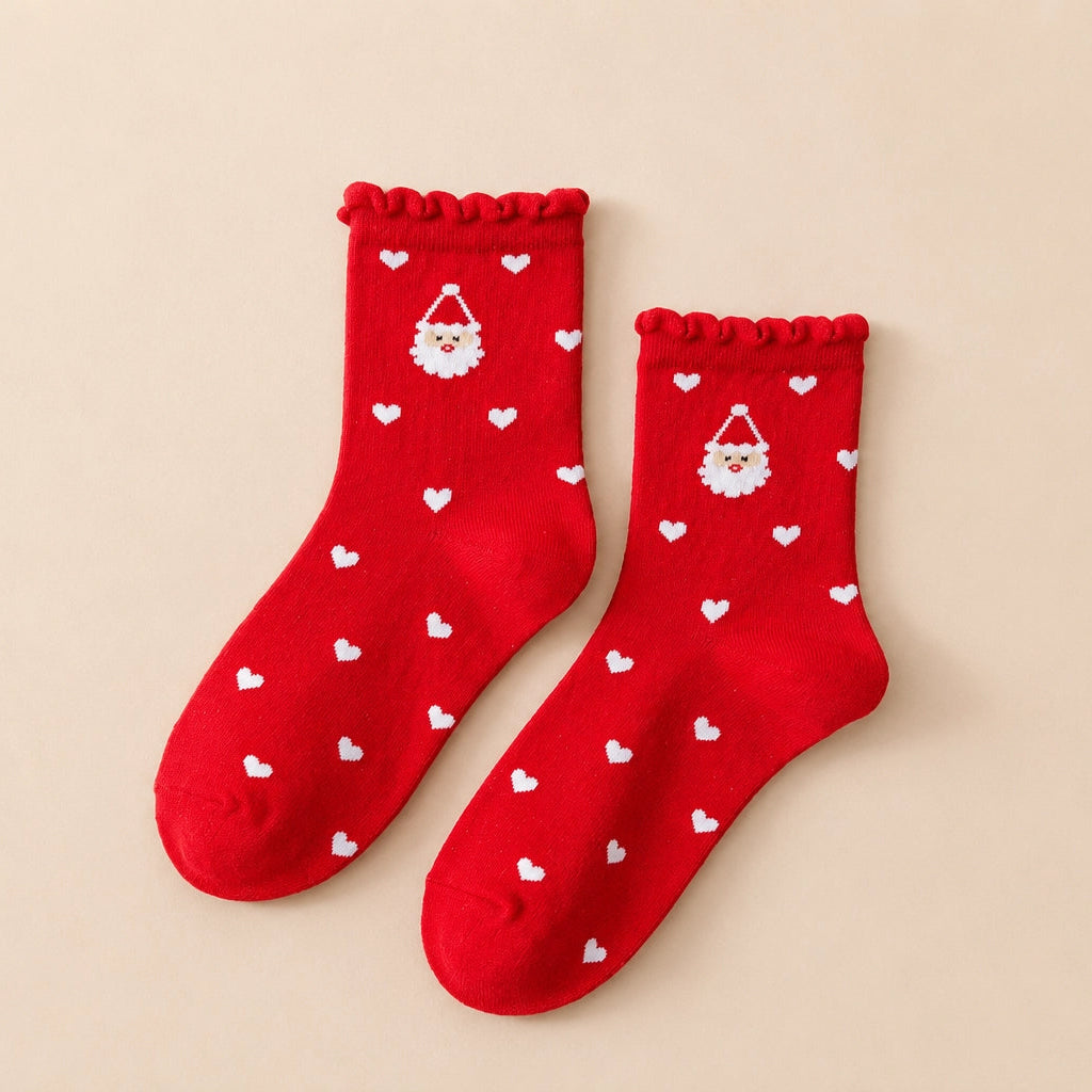 Lot de 4 chaussettes de noël, personnages de noël (père noël, cerf, bonhomme de neige, ourson), motif petits coeurs, finition feston