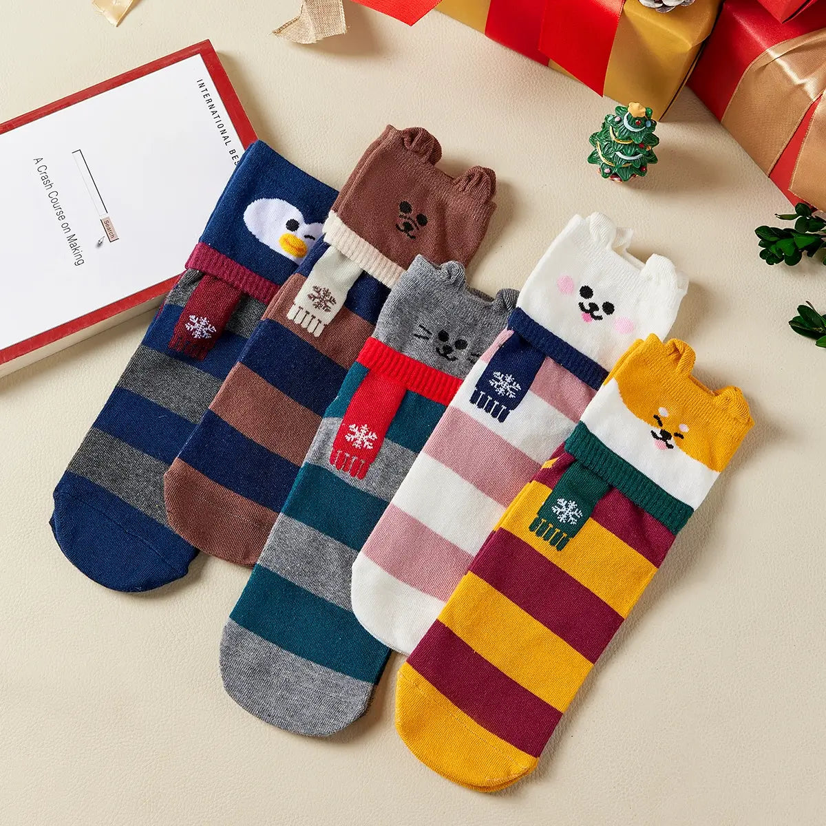 Lot de chaussettes hautes à rayures, motif animal, oreilles et écharpe en relief