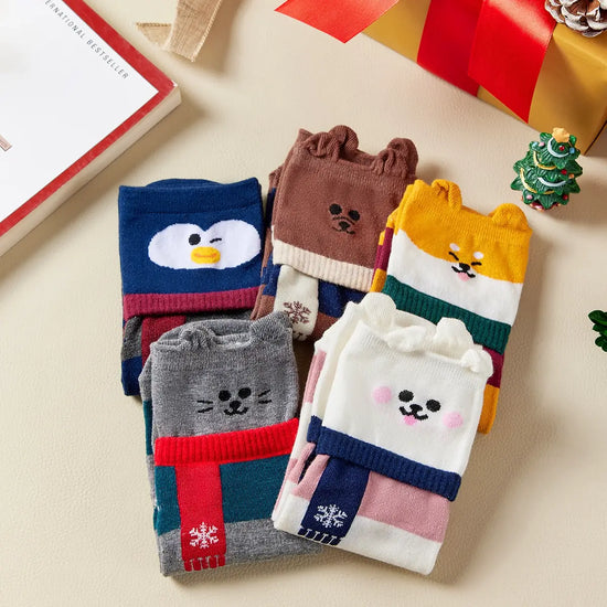 Lot de chaussettes hautes à rayures, motif animal, oreilles et écharpe en relief