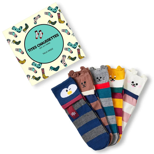Lot de chaussettes hautes à rayures, motif animal, oreilles et écharpe en relief