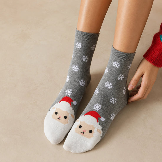 Lot de chaussettes de noël motif flocons et tête d'animal portant un bonnet de noël : ours, renard, mouton, lapin