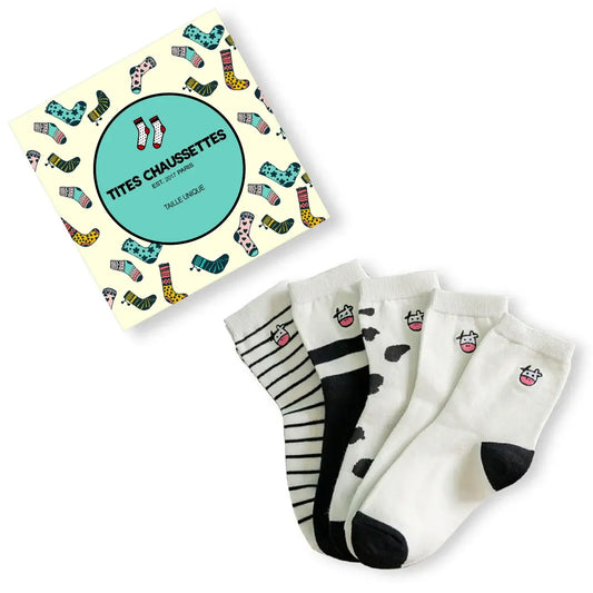 Lot de 5 chaussettes vache, tête de vache brodée sur le côté, coloris noir et blanc, coffret Tites Chaussettes