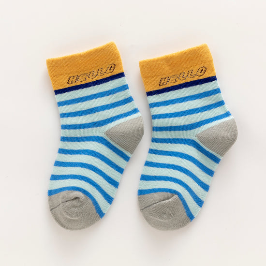 Lot de 5 chaussettes enfant bleues à motifs dinosaures. Confortables, douces et ludiques. Tailles de 12 mois à 12 ans. Parfait pour les petits explorateurs.