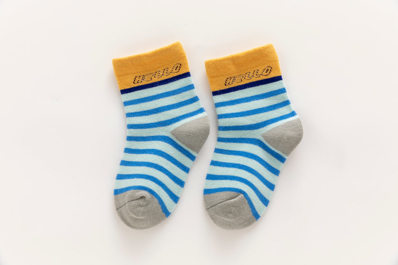 Lot de 5 chaussettes enfant bleues à motifs dinosaures. Confortables, douces et ludiques. Tailles de 12 mois à 12 ans. Parfait pour les petits explorateurs.