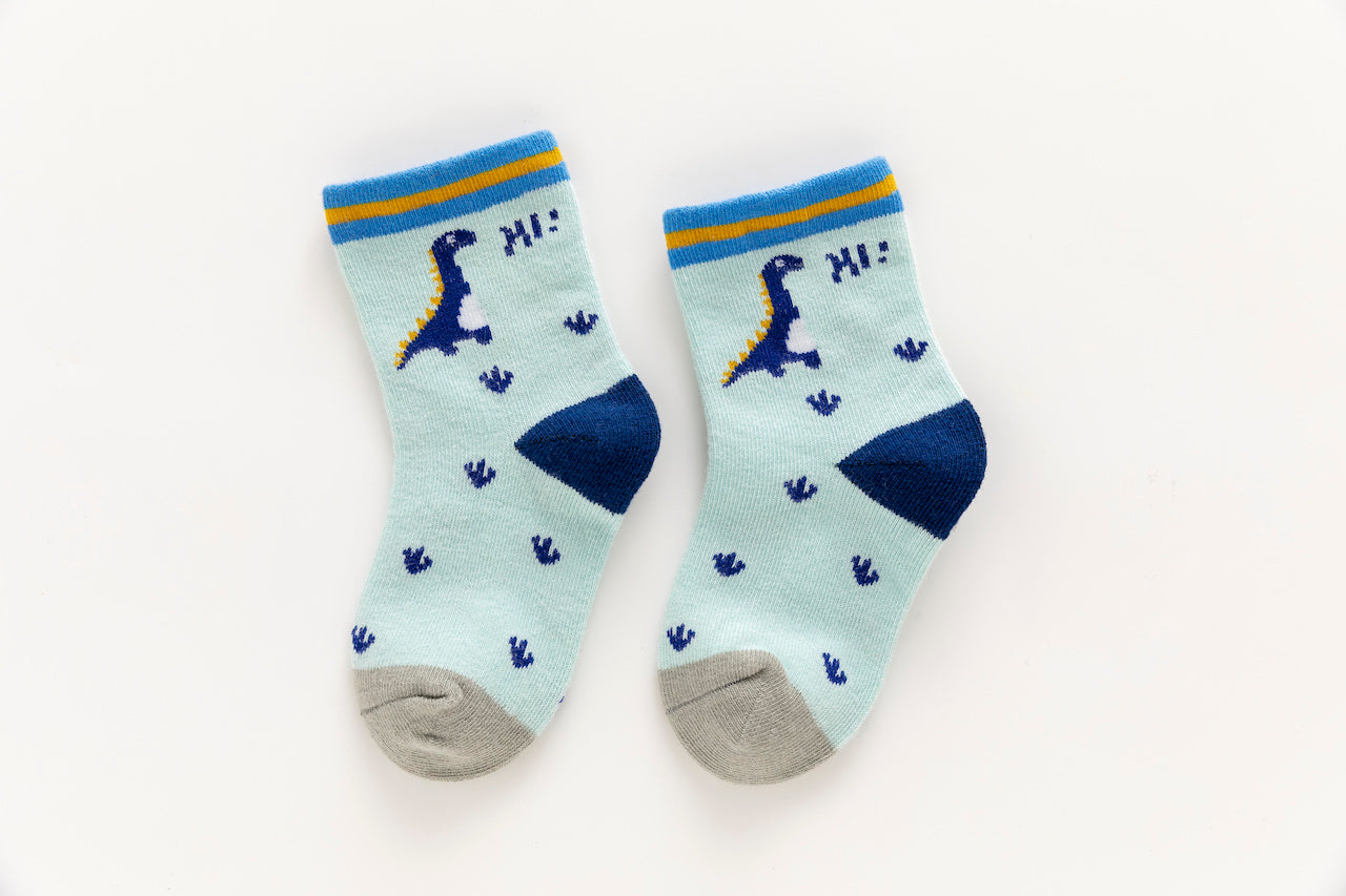 Lot de 5 chaussettes enfant bleues à motifs dinosaures. Confortables, douces et ludiques. Tailles de 12 mois à 12 ans. Parfait pour les petits explorateurs.