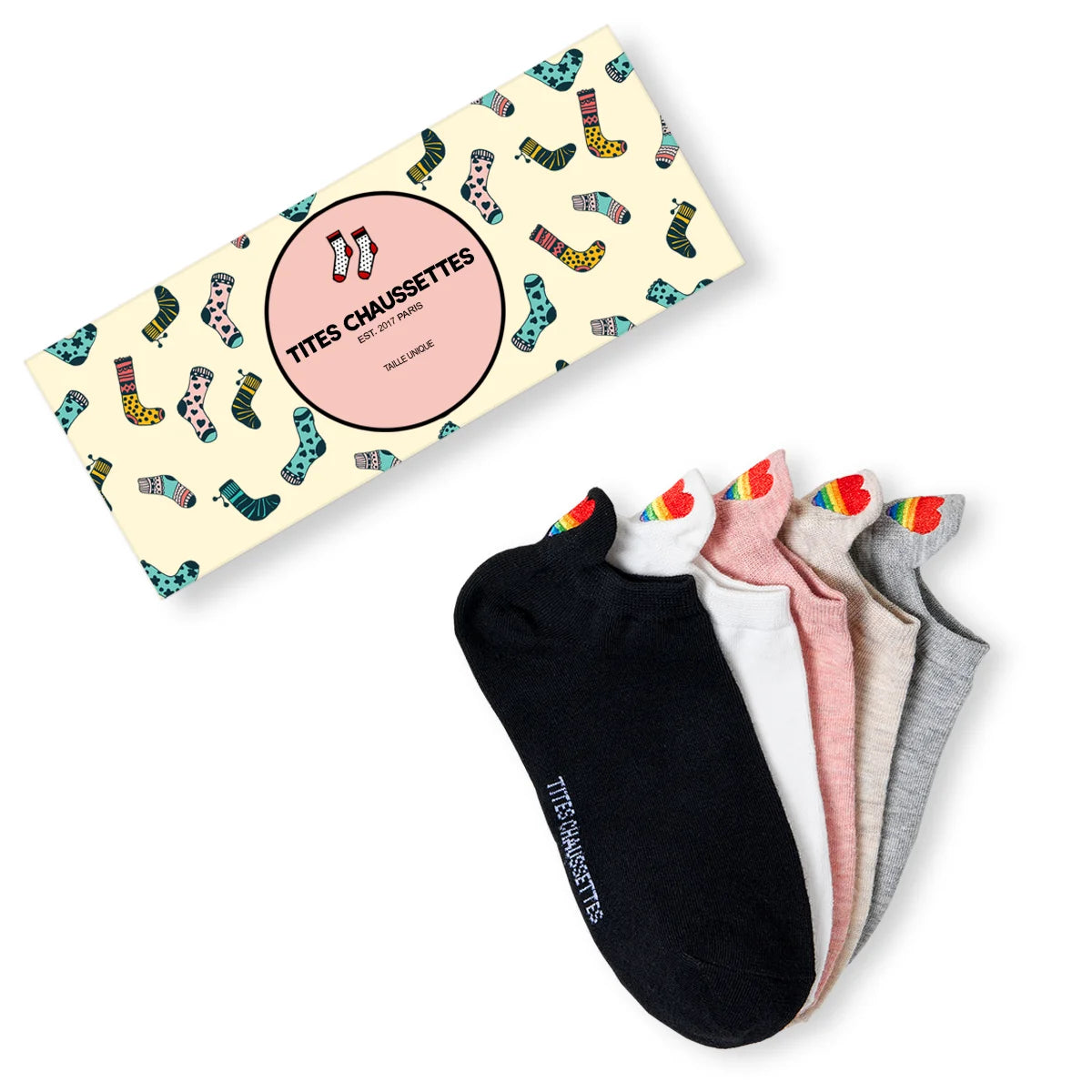 Lot de 5 chaussettes avec languette cœur arc-en-ciel.