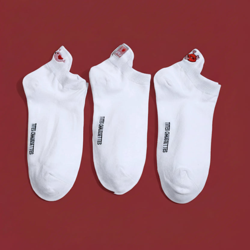 Lot de 3 chaussettes amour brodées (bouche, message, oiseaux), fond blanc, confortables et douces. Taille 35-41. Une idée cadeau pleine de tendresse.