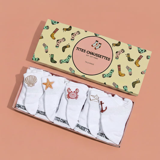 Lot de 5 chaussettes fantaisie à languette, motifs marins brodés, confort stretch, tailles 35-41. Idéal pour un look frais et sans ampoules.